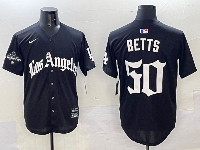 Men Los Angeles Dodgers #50 Betts Black Five generations Joint Name 2025 Nike MLB Jersey style 32